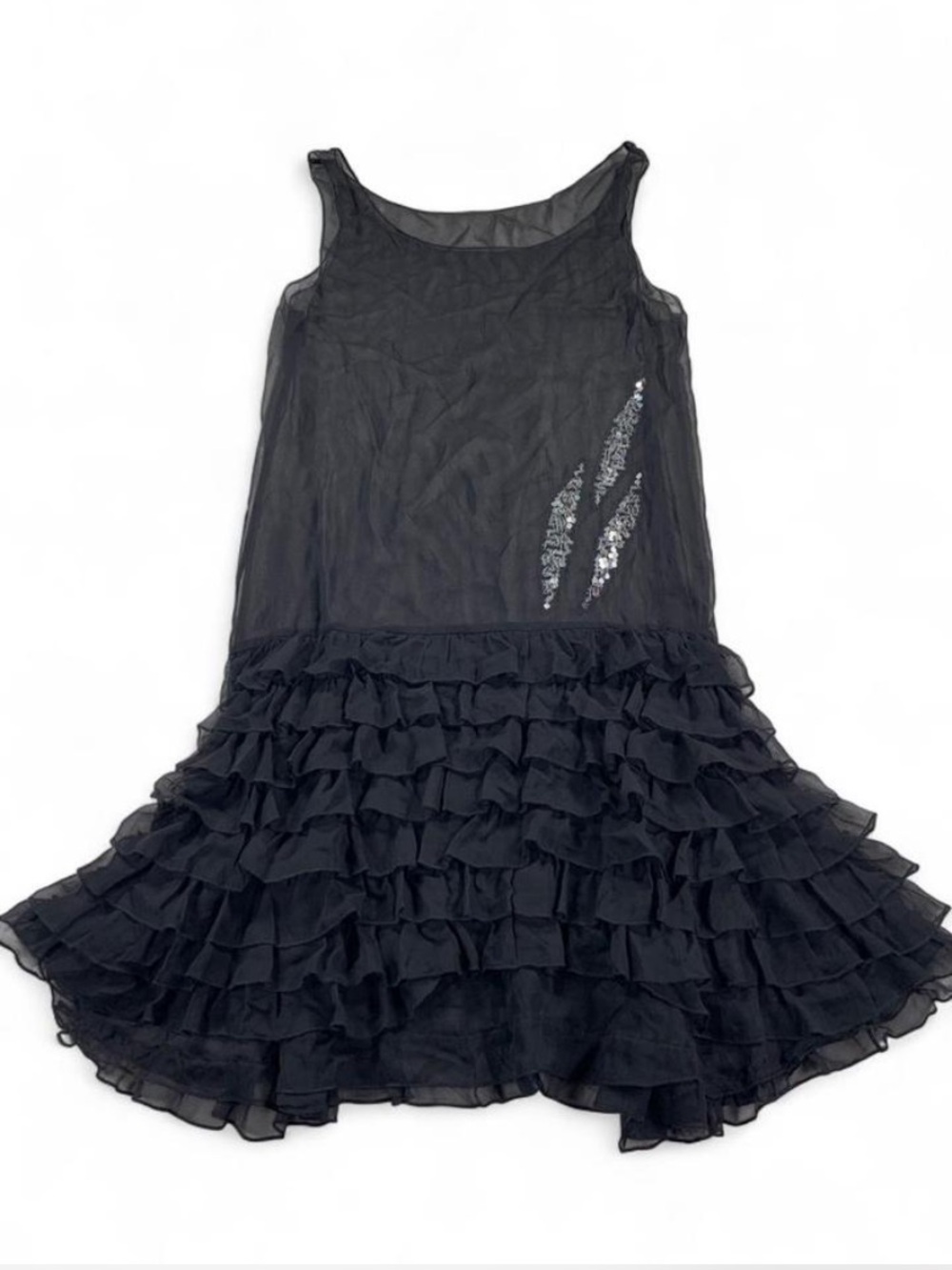 Betsey Johnson 100% Silk Sheer Black Drop Waist Ruffled Dress with Sequin Accent